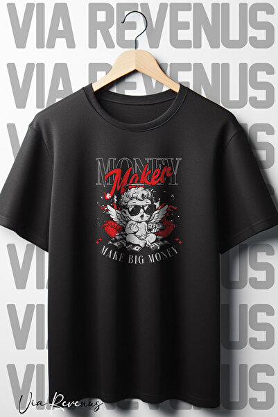 Vordevia Tricou negru oversize cu imprimeu Money Maker - cu guler rotund