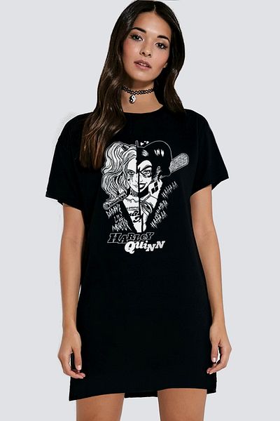 ROCKANDROLL Rochie tricou pentru femei din bumbac pieptănat cu mânecă scurtă, neagră