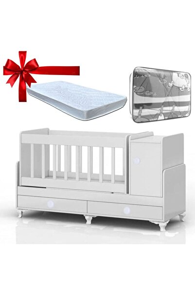 Bygolden Dolaplı Beyaz Büyüyebilen Sallanır Bebek Beşiği Yatak+gri Uyku Seti Hediyeli