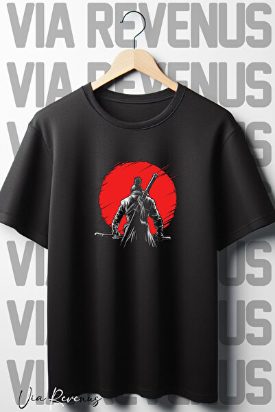 Vordevia Tricou negru oversize cu imprimeu samurai cu decolteu triplu