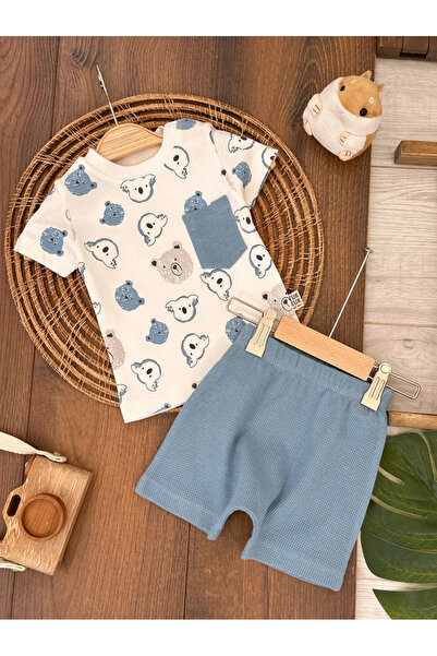 Bolly Baby Ayıcık&Koala Baskılı Omuzdan Çıtçıtlı Waffle Şortlu Yazlık Erkek B...
