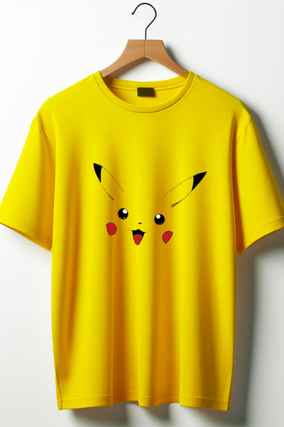 Vordevia Pikachu Baskılı Oversize Geniş Kalıp Bisiklet Yaka Sarı Tshirt