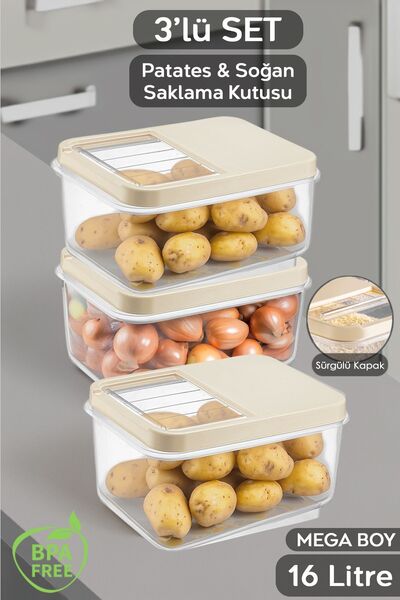 Meleni Home 3'lü 16 Litre Sürgülü Kapak Sebzelik, Patates Soğan Sebze Saklama...