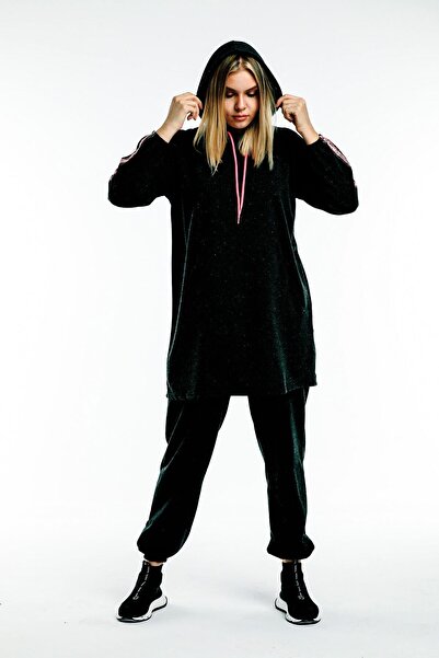 BAV Butik Ayvitrin Oversize Model Black Pink Highlighter Hijab Tracksuit Set