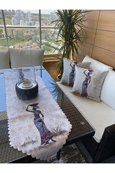 Lia Store Afrika Kadın Desenli Çift Taraflı Dekoratif 2'li Kırlent Kılıfı Ve Runner Seti