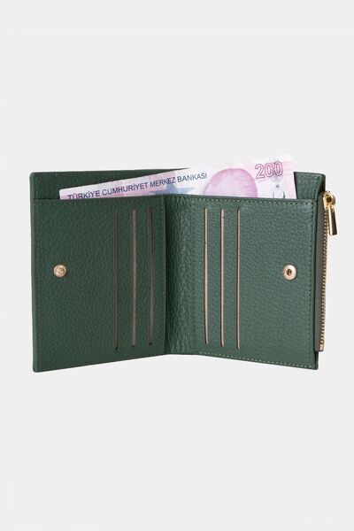 Grande 2805 Genuine Real Leather Women's Wallet with Snap Fasteners and Zipper Flother Green