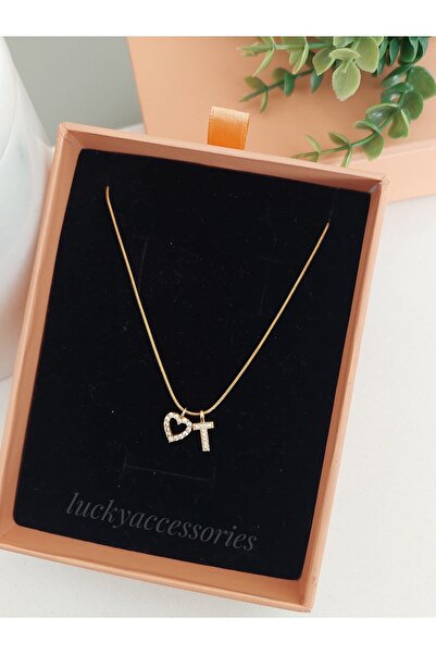 LUCKY ACCESSORIES Çelik Minimalist Zarif Zirkon Taşlı Harf Ve Kalpli Kadın Çe...