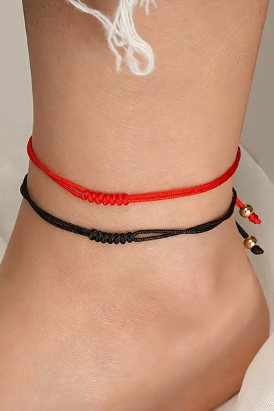 alberaccessories 925 Ayar Gümüş Lazer Toplu Kırmızı Siyah Şans 2'li Set Halhal