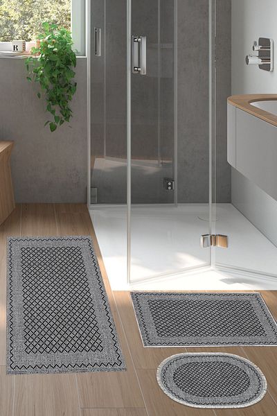 Dekoreko Digital 3-Piece Bathroom Mat Set Trend Felt Non-Slip Base Mixed Oval Modern Christie Gray
