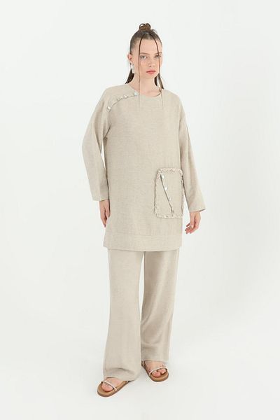 Puane Linen Set - Trousers with Seashell and Pocket Detail and Elastic Waist 14212