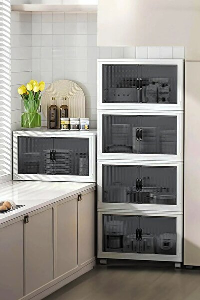 E-LİFE HOME 4'lü Portatif Istiflenebilir Tekerlekli Organizer Dolap Plastik B...