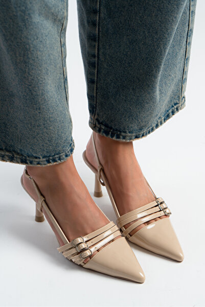 NİŞANTAŞI SHOES Andrina Beige Women's Heeled Shoes - Patent Leather Belt Deta...