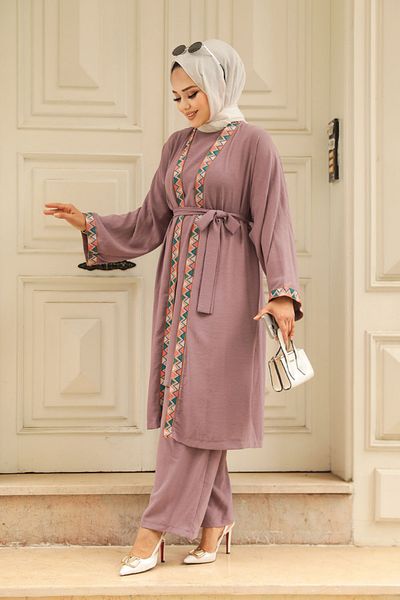 Neva Style - كيمونو أرجواني داكن حجاب ثلاث قطع 51910klıla