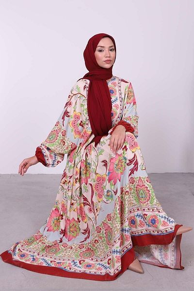 Lamia Giyim Patterned Viscose Hijab Dress Claret Red