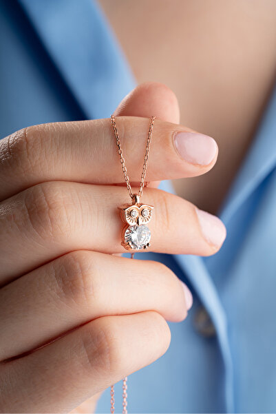 Nereze 925 Ayar Gümüş Rose Kaplama Beyaz Zirkon Taşlı Baykuş Kolye