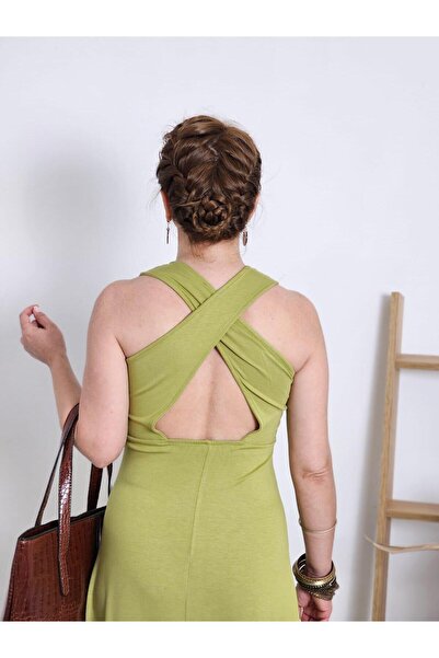 Felix Butik FELİX12134 Sırtı Capraz Detaylı Fıstık Yeşili Elbise