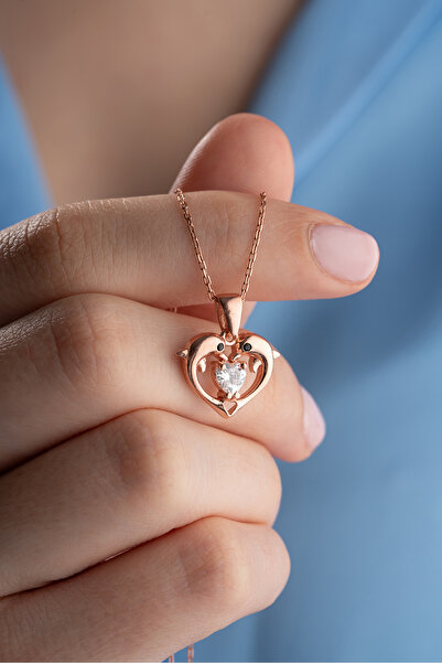 Nereze 925 Ayar Gümüş Rose Kaplama Aşık Yunuslar Beyaz Kalp Model Kolye