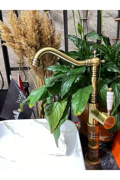 İSAOĞLU YAPI Matte Gold Bowl Washbasin Faucet Antique Bowl Faucet Antique Gold Rustic Washbasin Faucet