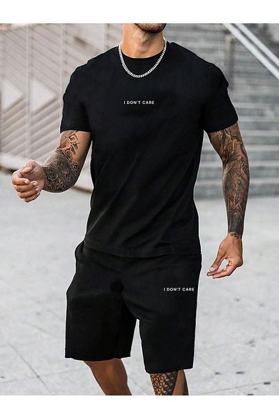 DAXİS Sportwear Company Set pentru bărbați cu imprimeu de jos, de sus, negru - Set de tricou pantaloni scurți