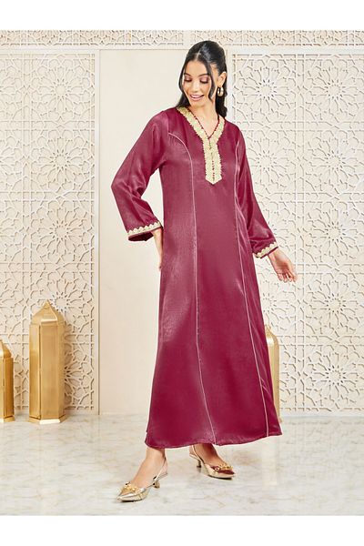 Styli Contrast Piped Embroidered Jalabiya