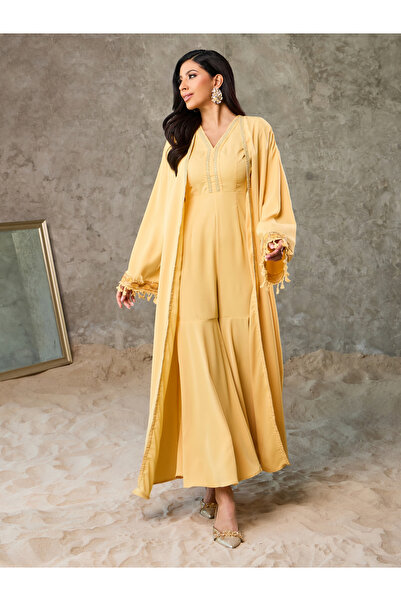 Styli Embroidered Lace Flared Hem Jumpsuit and Tassel Trim Abaya Set