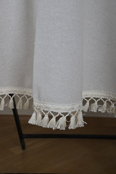 NDC HOME White Cotton Linen Round Raw Pompom Tablecloth