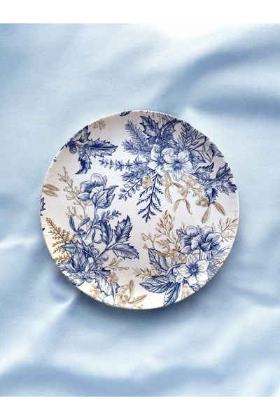unique florya Blue Blanc Çiçek Desenli Duvar Tabağı Dekoratif Bahçe Balkon Mu...