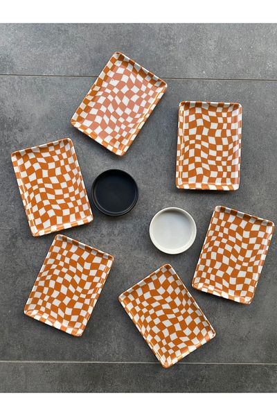 RUBİ PORSELEN Premium 6-Person Porcelain Cake Plate - 18x13 cm Rectangular Set