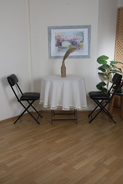 NDC HOME White Cotton Linen Round Raw Pompom Tablecloth