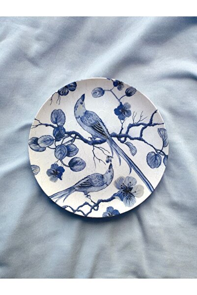 unique florya Blue Blanc Kuş Desenli Duvar Tabağı Dekoratif Bahçe Balkon Mutf...