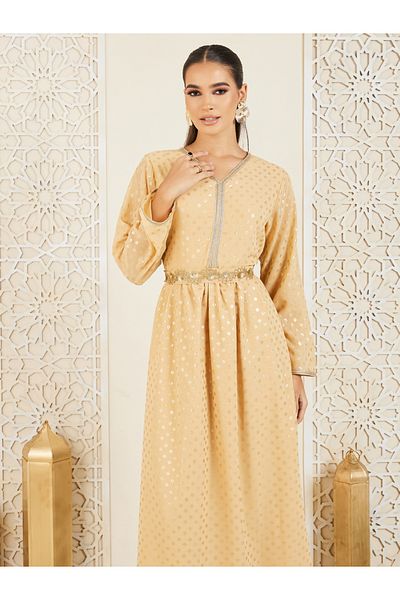 Styli Lace Trim Foil Print Jalabiya with Embroidered Self Tie Up