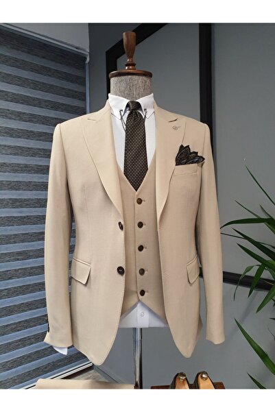 SARDINELLI Dar Kesim Likralı Yelekli Takım Elbise Bej