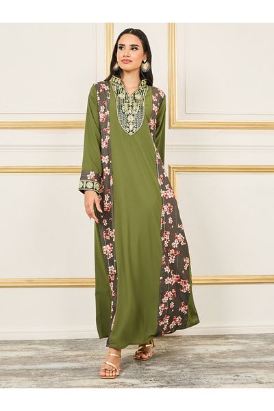 Styli Embroidered Collared Neck Side Printed Jalabiya