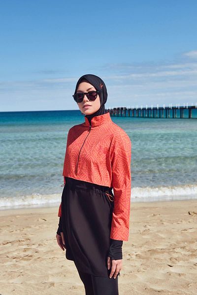 Haşema Σετ μαγιό 5 τεμαχίων Esila Orange Black Gilet Hijab