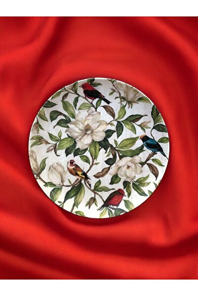 unique florya Bordo Kuş Desenli Çiçekli Duvar Tabağı Dekoratif Bahçe Balkon M...