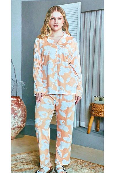 FLZ Salmon Colored Long Sleeve Buttoned Large Size Women's Pajamas Set