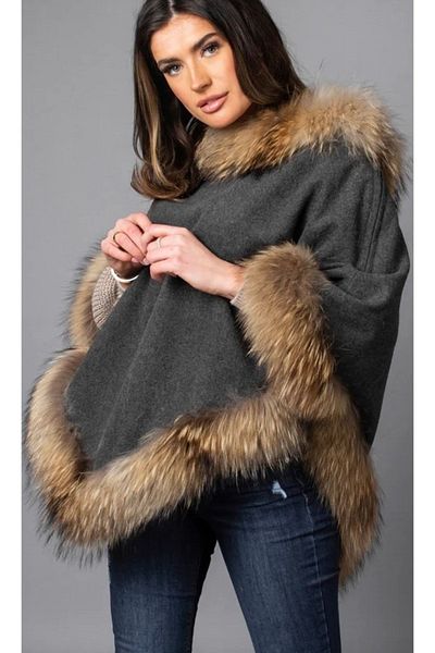 janbely Cashmere Natural Fur Poncho