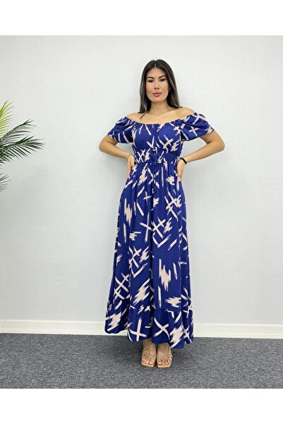 deqfashion فستان فيسكوز طويل منقوش باللون الأزرق