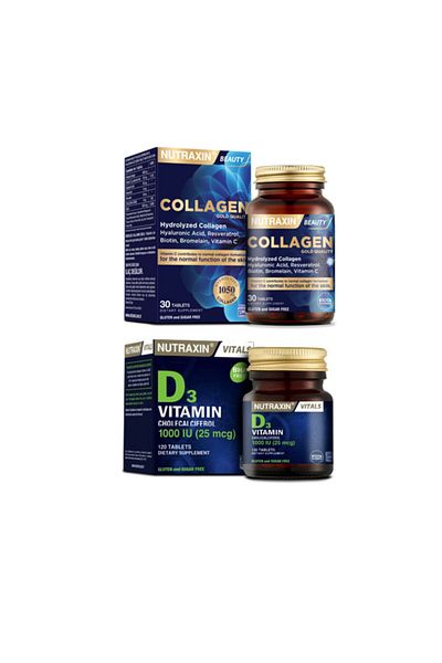 Nutraxin 1050 Mg Collagen Supplement Containing Hyaluronic Acid, Biotin and Zinc - 30 Tablets + Vitamin D3 120 Tablets