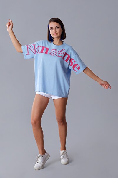 nosewear Kadın Oversize Buz Mavi Baskılı T-shirt