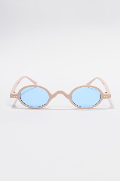 Zevahir Kadın Krem Minimal Çerçeve Mavi Camlı Elips Güneş Gözlüğü