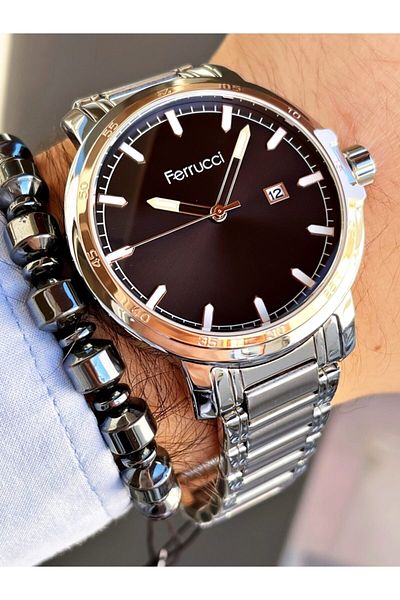 Ferrucci Silver Color Black Dial Classic Men's Wristwatch + Hematite Natural Stone Bracelet with Gift