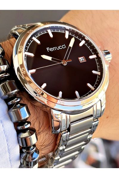 Ferrucci Silver Color Black Dial Classic Men's Wristwatch + Hematite Natural Stone Bracelet with Gift