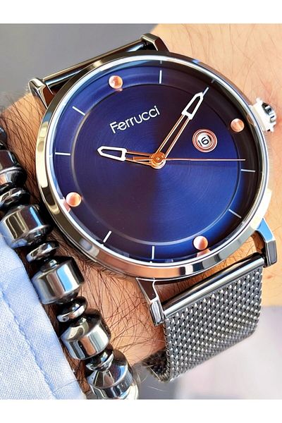 Ferrucci Smoke Color Navy Blue Dial Classic Straw Cord Men's Wristwatch + Hematite Natural Stone Bracelet