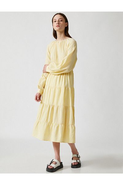 Koton Checked Dress Long Sleeve Crew Neck Maxi
