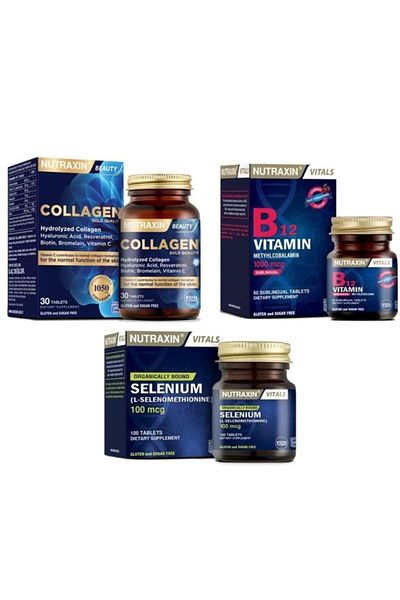 Nutraxin Selenium 100 Mcg and B12 1000 Mcg - Collagen Hydrolyzed Type 1 and 3 30 Tablets+60 Tablets