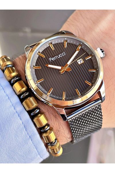 Ferrucci Smoked Color Wicker Cord Men's Wrist Watch + Hematite Natural Stone Bracelet Gift