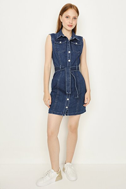 Select Moda Kadın Mavi Düğmeli Kemerli Denim Elbise