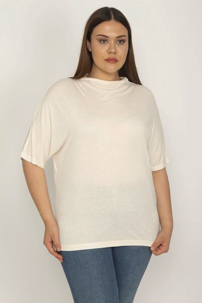 Şans Women's Large Size Bone High Collar Viscose Blouse 65n26224