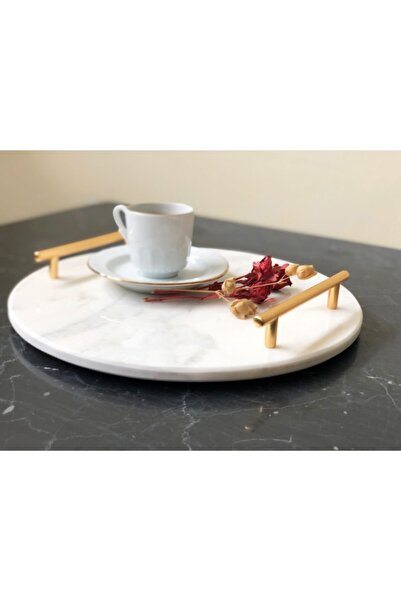 Modestmar صينية مستديرة من الرخام الطبيعي من كالكاتا بمقبض ذهبي